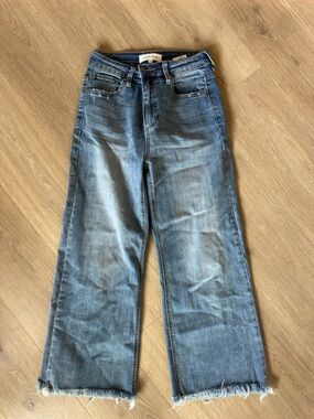 Risen Frayed Hem Bootcut Jeans in Washed Blue